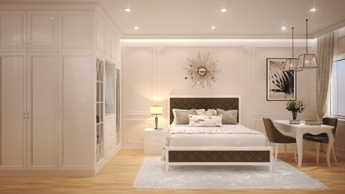 Giường ngủ nhật với chất liệu gỗ và da kết hợp