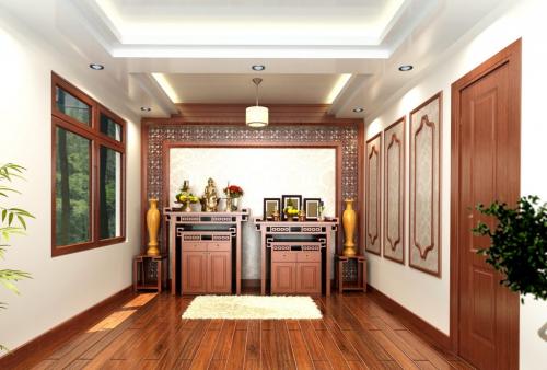 Mẫu thiết kê phòng thờ với tông màu cổ điển của gỗ cao cấp dành cho biệt thư
